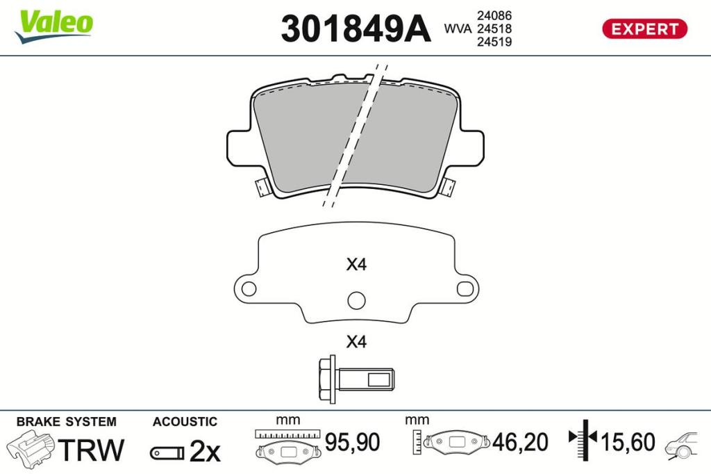 Jeu de 4 plaquettes de frein VALEO ref. 301849A